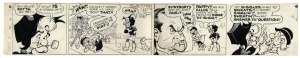 ''Li'l Abner'' Original Comic Strip From 4 December 1966 -- Hand-Drawn & Signed by Al Capp Featuring Mammy & Pappy Yokum -- 2 Sheets, 14.5'' x 5'' -- Very Good