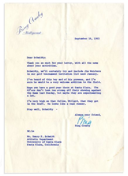 Bing Crosby Typed Letter Signed -- ''...I've heard of this boy and his prowess...'' -- 1965