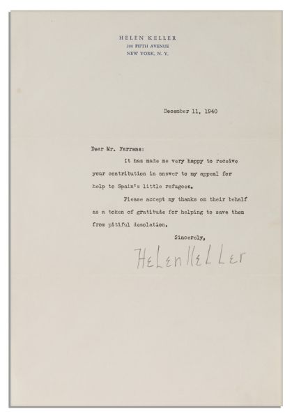 Helen Keller Typed Letter Signed from 1940 -- ''...It has made me very happy to receive your contribution in answer to my appeal for help to Spain's little refugees...''