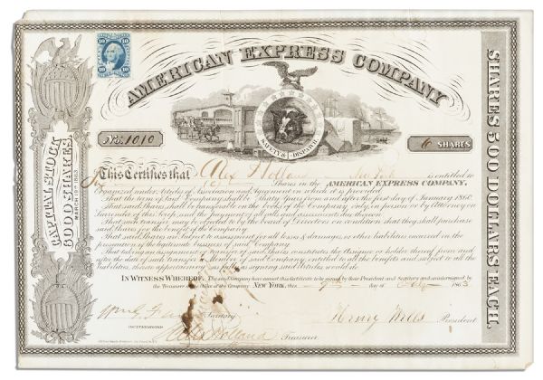 American Express Stock Certificate Signed by Its Founders Henry Wells & William Fargo