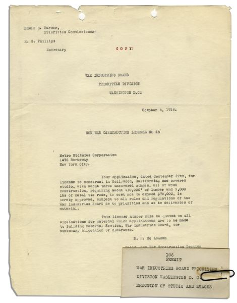 1918 Document Approving Construction of MGM Studios in Hollywood