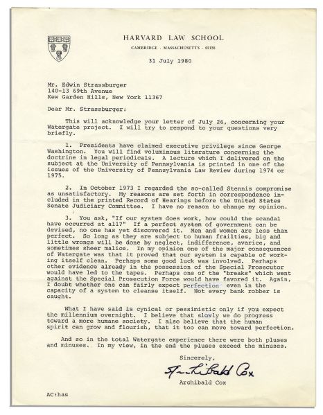Watergate Prosecutor Archibald Cox Typed Letter Signed -- ''...in the total Watergate experience there were both pluses and minuses...in the end the pluses exceed the minuses...''