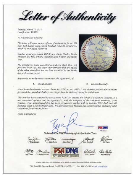 1953 New York Giants Baseball With 24 Signatures -- Including HOFers Hoyt Wilhelm & Monte Irvin -- Plus Bill Rigney, Dusty Rhodes, Bobby Thomson & Others -- With PSA/DNA COA