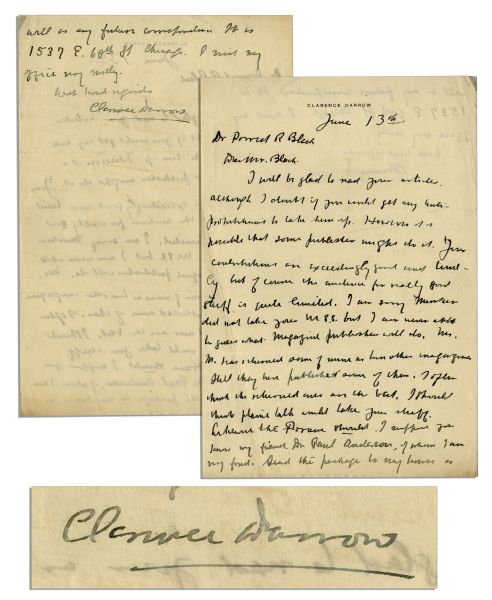 Clarence Darrow Autograph Letter Signed Regarding Prohibition -- ''...I doubt if you would get any anti-prohibitionists to take them up...''