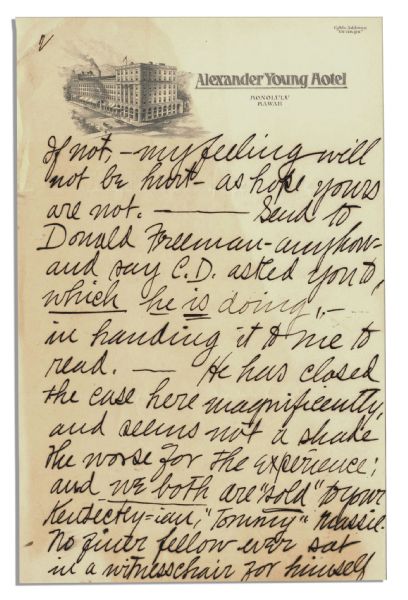 Letters by Clarence Darrow's Wife Regarding the Massie Trial -- ''...we both are 'sold' to your Kentucky-ian, 'Tommy' Massie. No finer fellow ever sat in a witness chair for himself...''