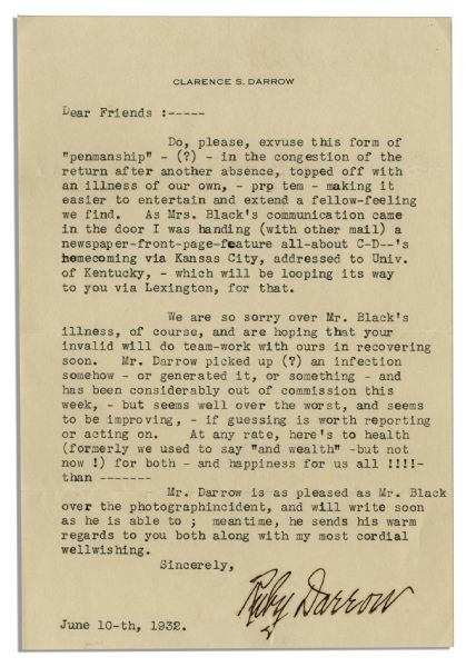Letters by Clarence Darrow's Wife Regarding the Massie Trial -- ''...we both are 'sold' to your Kentucky-ian, 'Tommy' Massie. No finer fellow ever sat in a witness chair for himself...''
