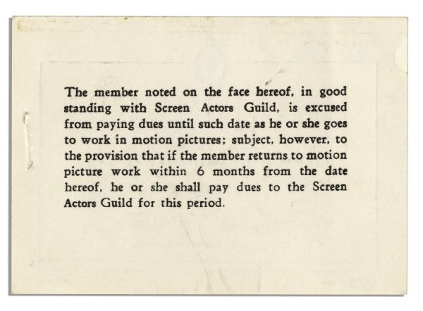 Mary Astor's Screen Actors Guild Union Card, Given to Her Upon Her Retirement in 1965 