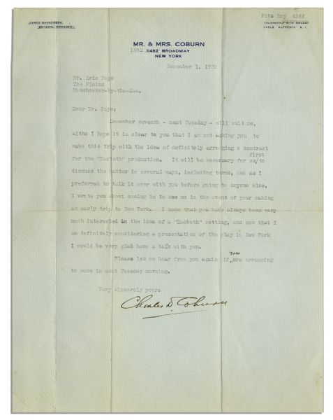 Academy Award-Winning Actor Charles D. Coburn Autograph Letter Signed to Artist Eric Pape -- Regarding ''the MacBeth Production''