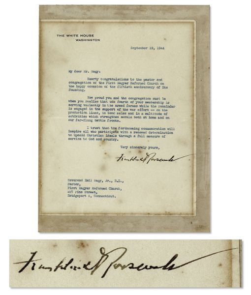 Franklin D. Roosevelt Typed Letter Signed as President -- ''...How proud you and the congregation must be when you realize that one fourth of your membership is serving valiantly...''