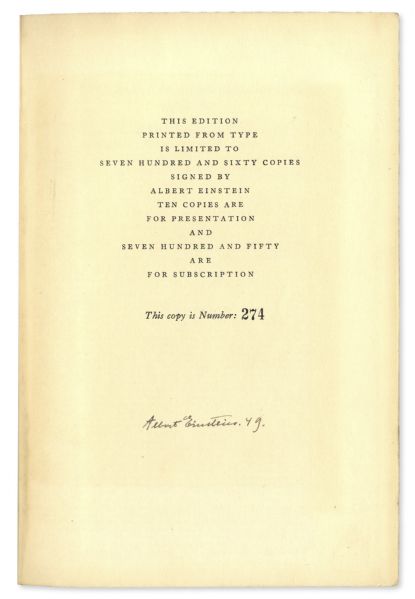 Albert Einstein Signed First Edition of ''Albert Einstein: Philosopher-Scientist'' -- Number 274 Out of 760 Printed