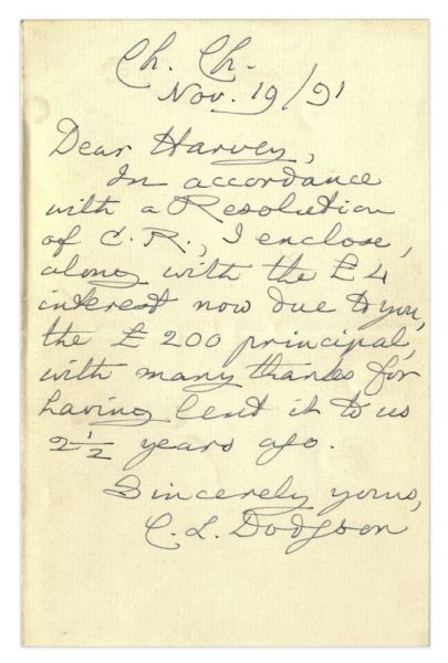 Lewis Carroll Autograph Letter Signed ''C.L. Dodgson'' -- Rare