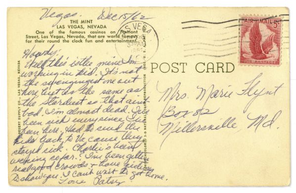 Patsy Cline Autograph Postcard Signed -- Sent From Las Vegas in 1962 -- ''...I've been getting real good crowds & have pictures to show you. I can't wait to get home...''