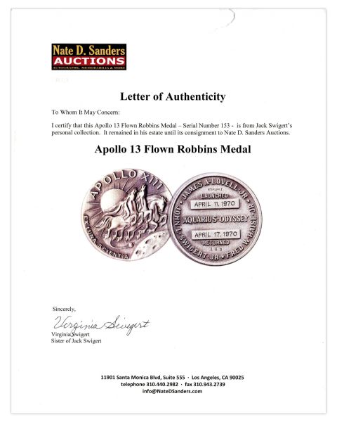 Apollo 13 Flown Robbins Medal -- From the Collection of Jack Swigert, Apollo 13 Command Module Pilot -- Serial Number 153