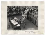 WWII Admiral Chester Nimitz Twice-Signed 14'' x 11'' Photograph -- Depicting Nimitz Signing the Declaration of Japanese Surrender on 2 September 1945