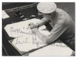 WWII Admiral Chester Nimitz Twice-Signed 14'' x 11'' Photograph -- Depicting Nimitz Signing the Declaration of Japanese Surrender on 2 September 1945
