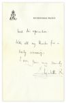 Queen Mother Autograph Letter Signed From Buckingham Palace in 1949 -- ''...I feel all the better for my first outing since the King had his operation...'' -- Also With Envelope Initialed by Her