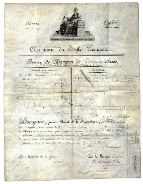 Napoleon Bonaparte Document Signed as First Consul -- With Napoleon's Personal Vignette to Top -- Countersigned by Lazare Carnot, ''Organizer of Victory'' of the French Revolution