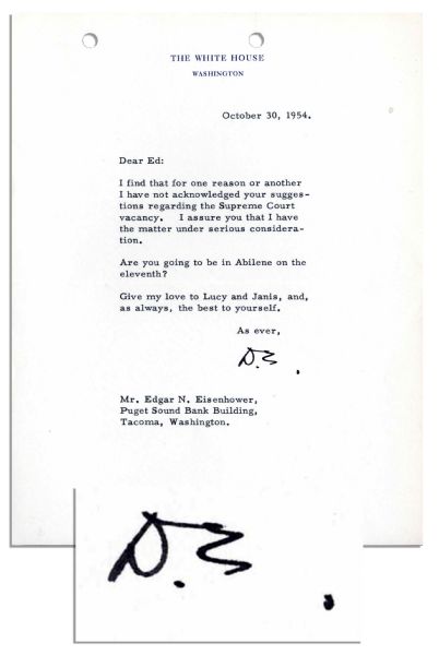 Dwight D. Eisenhower Typed Letter Signed as President Regarding Supreme Court Vacancy -- ''...I assure you that I have the matter under serious consideration...''
