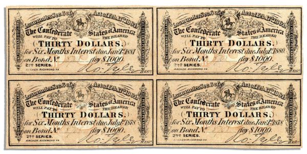 Four 1864 Confederate War Bond Coupons -- Each for $30 Printed by Archer