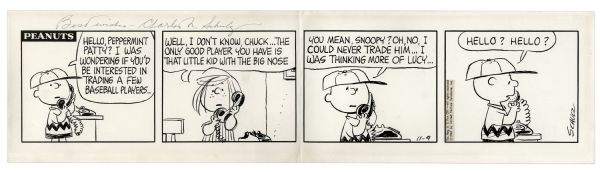Charles Schulz Hand-Drawn & Signed ''Peanuts'' Comic Strip From 1967 -- A Baseball Strip Featuring Charlie Brown & Peppermint Patty