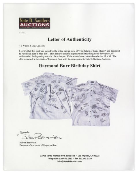 Raymond Burr Shirt Signed by Cast & Crew of ''The Return of Perry Mason'' Made for Television Movie
