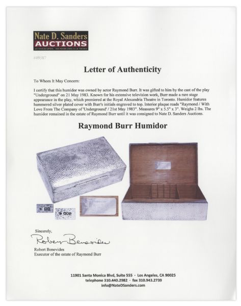 Raymond Burr Personally Owned Humidor -- Gifted to Him by the Cast of the Play ''Underground'' in 1983
