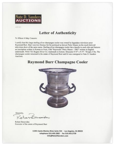 Raymond Burr Personally Owned Silver Champagne Cooler