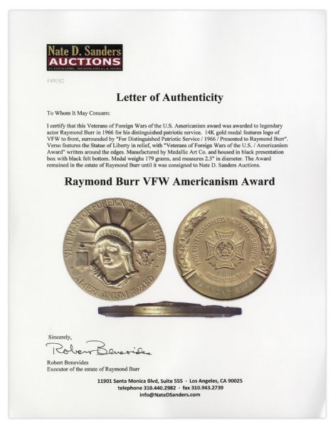 Raymond Burr VFW Americanism Award From 1966 -- 179 Grams of 14K Gold