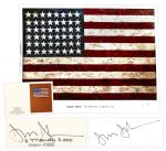 Jasper Johns Signed 38 x 40 Poster of His Famous Flag Painting -- With Additional Postcard Signed by Johns