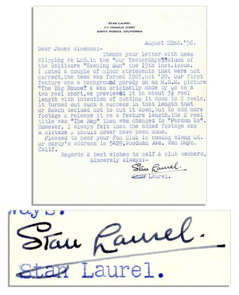 Stan Laurel Letter Signed on the Formation of Laurel & Hardy -- ''...the team was formed 1927, not '29. Our first feature was a background parody on an M.G.M. picture 'The Big House'...''