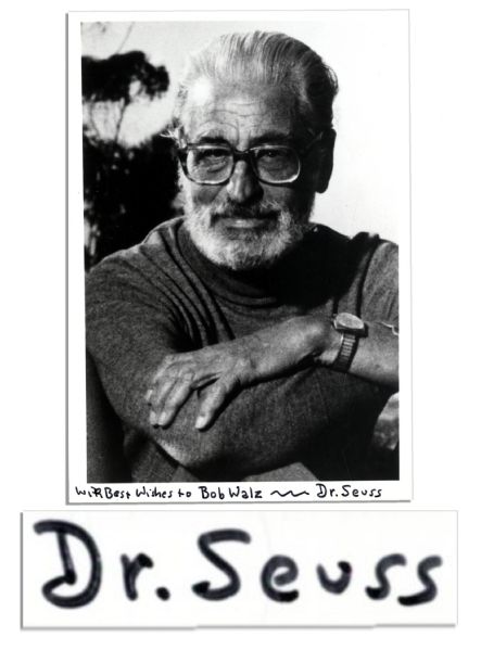 Dr. Seuss Signed 5'' x 7.25'' Photo -- ''With Best Wishes to Bob Walz ~~ Dr. Seuss'' -- Light Creasing, Else Near Fine