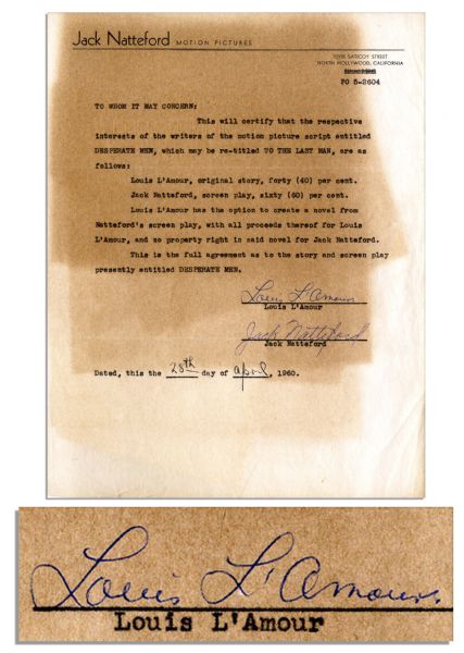 Louis L'Amour Document Signed -- Contract For a Collaboration With Screenwriter Jack Natteford