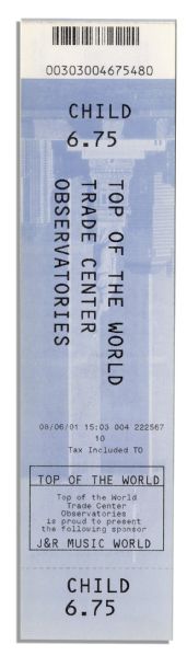 World Trade Center Ticket From 2001 -- For Access to Observatory Deck Dated 6 August 2001