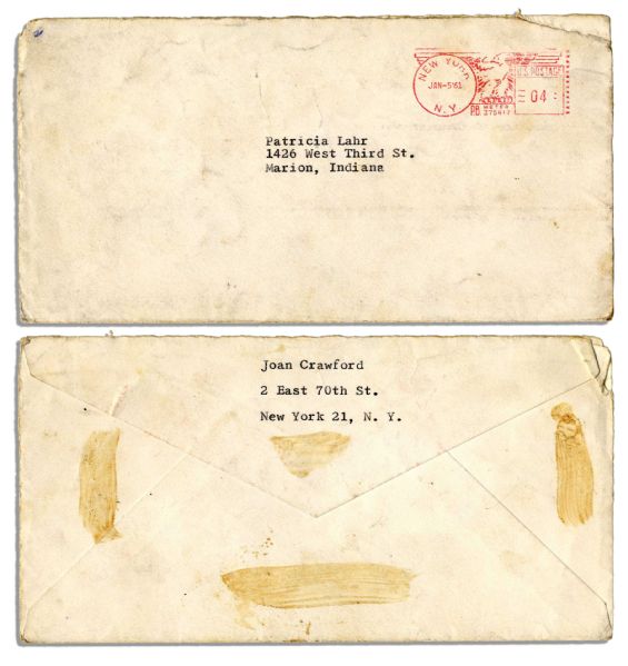 Joan Crawford Typed Letter Signed on Holiday Stationery -- ''...dear, sweet girl...I hope you will not think me presumptuous, but I am enclosing a little colored photograph of myself...''