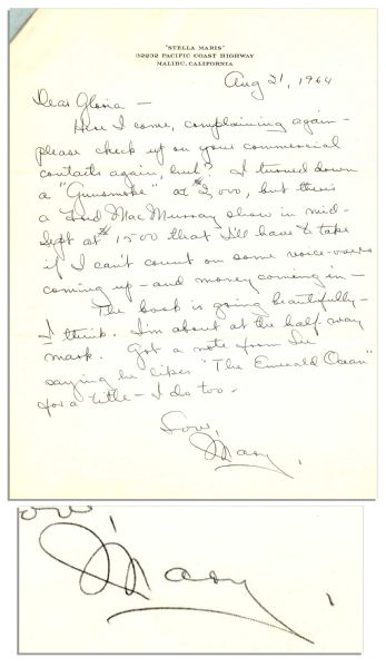 Mary Astor Letter Signed -- ''...I turned down a 'Gunsmoke' at $2,000, but there's a Fred MacMurray show in mid-Sept at $1500 that I'll have to take if I can't count on some voice-overs...''