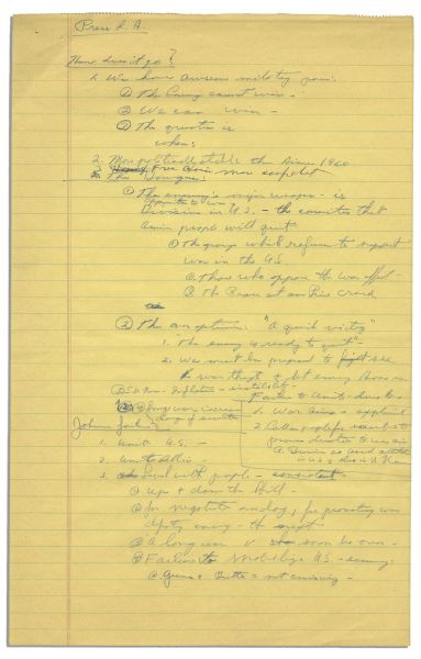 Richard Nixon Handwritten on Vietnam -- ''...The enemy's major weapon is [the American public's] opposition to war...We have awesome military power...We can win, the question is, when?...''