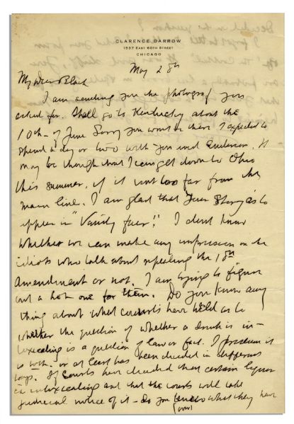 Clarence Darrow Autograph Letter Signed With Prohibition Content -- ''...I don't know whether we can make any impression on the idiots who talk about repealing the 18th amendment or not...''