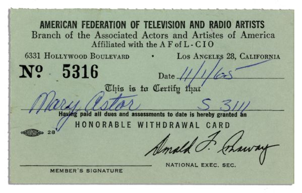 Mary Astor's Union Card, Given to Her Upon Her Retirement in 1965 -- From The American Federation of Television and Radio Artists