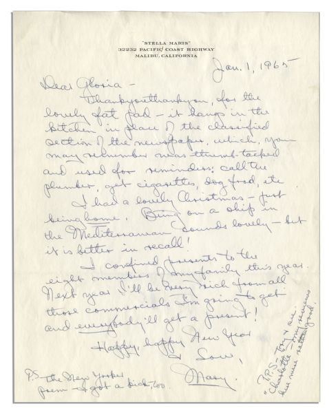 Mary Astor Autograph Letter Signed to Her Agent Gloria Safier -- ''...I had a lovely Christmas -- just being home...''