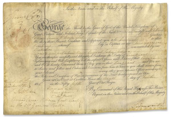 King George IV Document Signed While He Served as Prince Regent -- Military Appointment