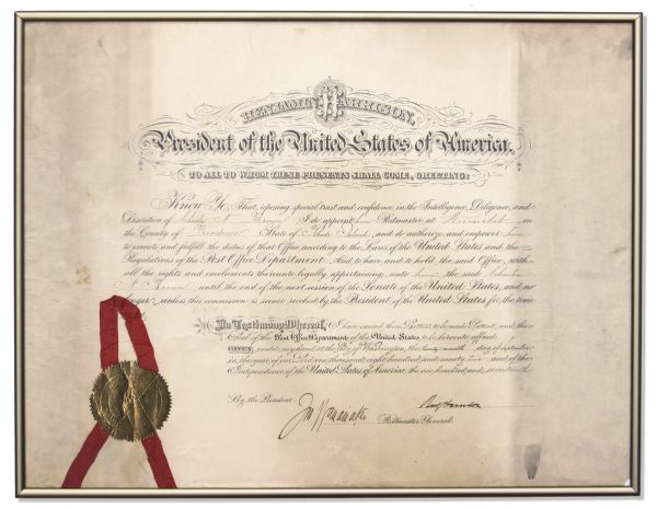 Benjamin Harrison Large Document Signed as President