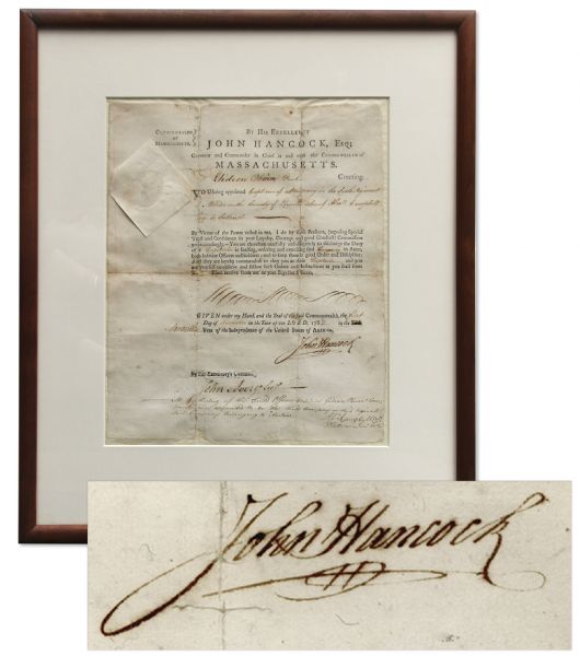 John Hancock Signed Militia Appointment -- Signed While Hancock Was Governor of Massachusetts in November 1782