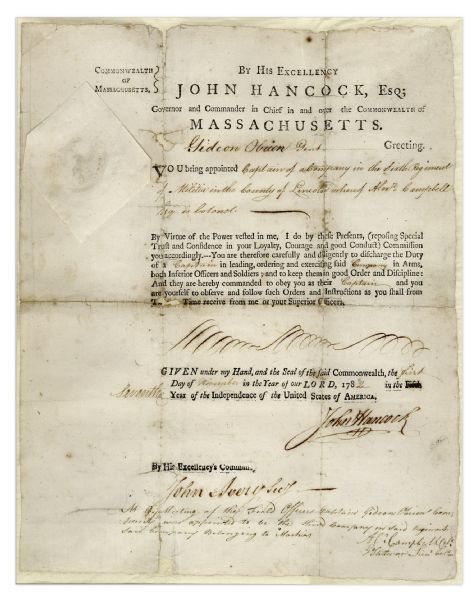 John Hancock Signed Militia Appointment -- Signed While Hancock Was Governor of Massachusetts in November 1782