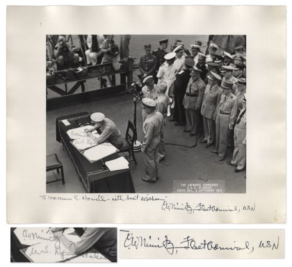 WWII Admiral Chester Nimitz Twice-Signed 14'' x 11'' Photograph -- Depicting Nimitz Signing the Declaration of Japanese Surrender on 2 September 1945