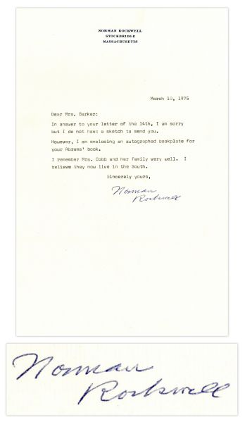 Norman Rockwell Typed Letter Signed -- ''...I do not have a sketch to send you...''