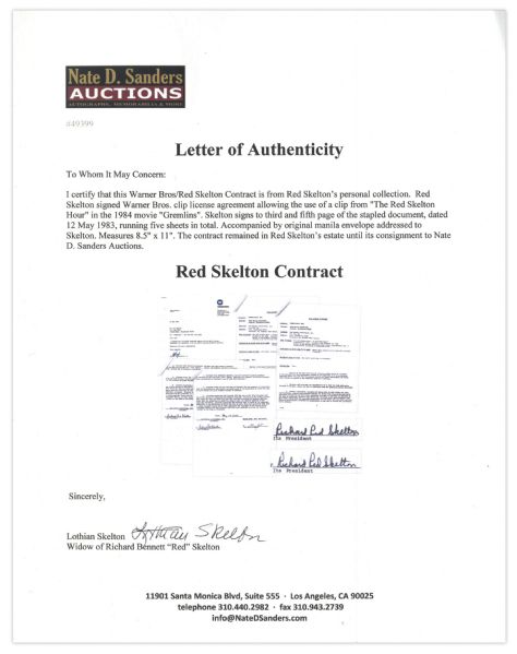 Red Skelton Twice-Signed Contract -- Pertains to Clips of His Show Used in ''Gremlins''