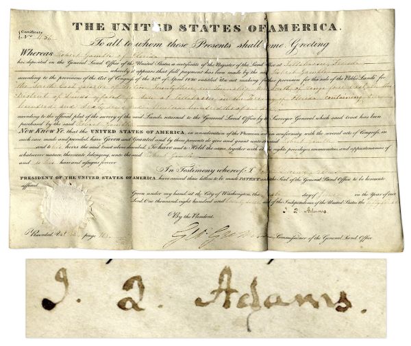 John Quincy Adams Land Grant Signed as President