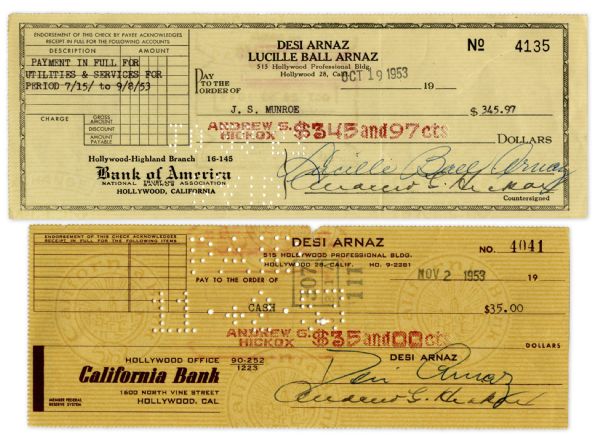 Lucille Ball and Desi Arnaz Signed Checks From 1953