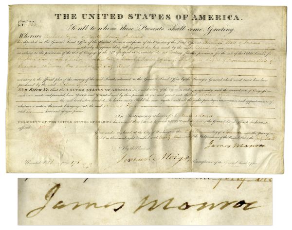 President James Monroe Land Grant Signed in 1821