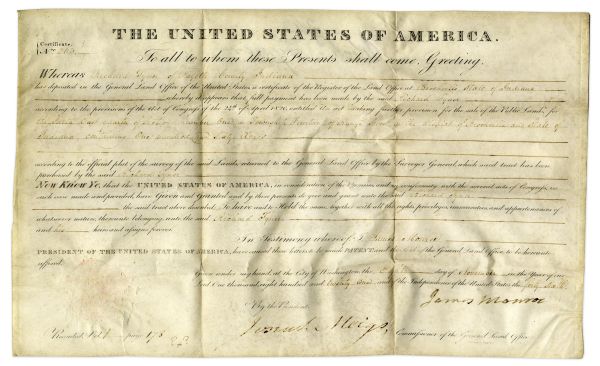 President James Monroe Land Grant Signed in 1821